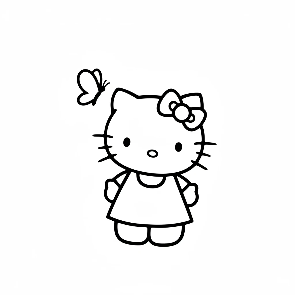 A tiny butterfly, with big, rounded wings, flutters close to Hello Kitty. It dances playfully around her iconic red bow.
