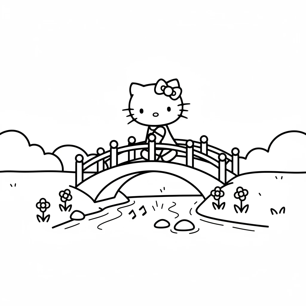 She comes to a small, arched bridge over a gurgling stream. Hello Kitty carefully steps across, watching the water flow beneath.