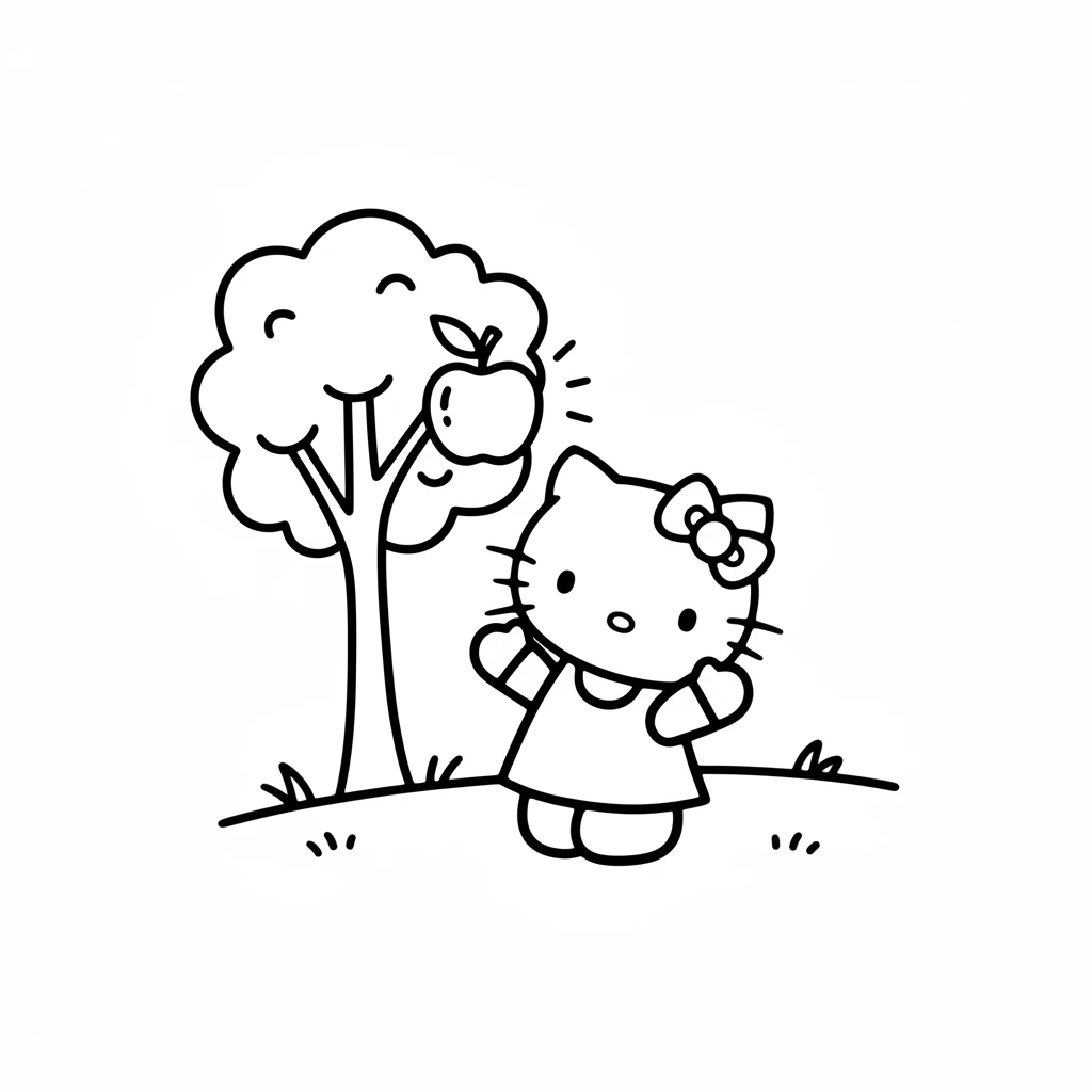 In a small orchard, Hello Kitty spots a big, shiny red apple hanging from a tree. It looks perfectly ripe and delicious.