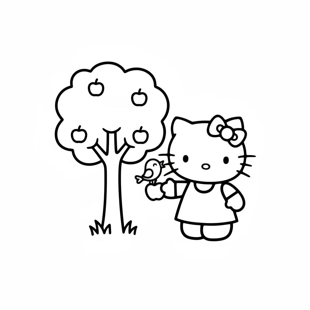 Hello Kitty gently picks the apple and shares a piece with a small, round bird. The bird happily pecks from her hand.