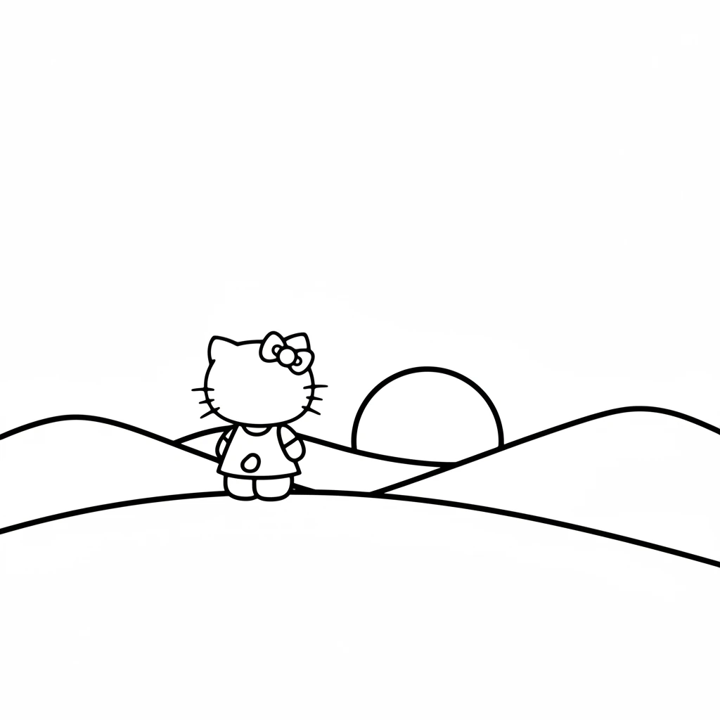 As the day begins to end, Hello Kitty watches the sun slowly dip below the hills. The sky is painted with soft, warm colors.