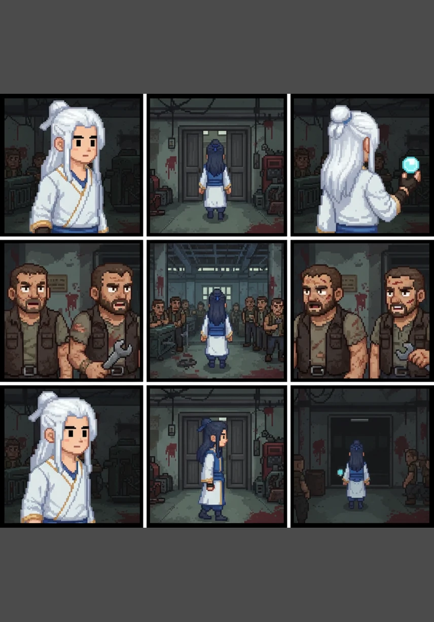 Shen Tian steps into the grimy factory, his shock of white hair and clean white shirt creating a jarring contrast against the blood-stained walls. He walks with a steady, quiet confidence, his tattered black gloves the only hint of the world he has entered. Every eye in the room turns toward the boy who looks entirely out of place in this desolate landscape.