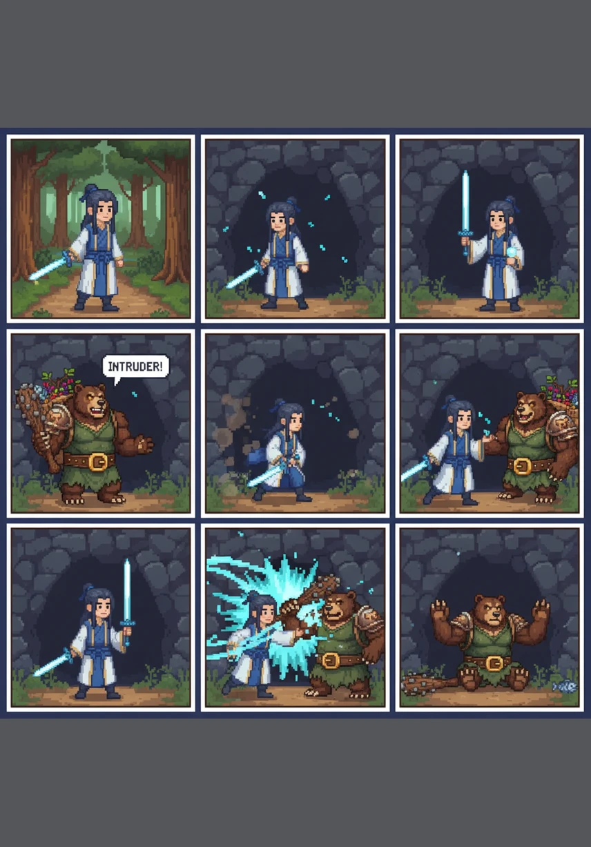 A giant of a man, built like a bear and slick with sweat and green fluids, sets down a heavy bone saw. He reaches for a long, thin boning knife, his massive muscles rippling under the flickering overhead lights. His expression is grim and unreadable as he prepares to address the intruder in the white shirt.