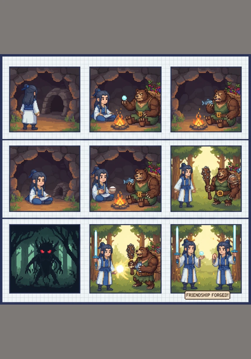 Shen Tian looks up at the giant, his gaze steady and his face entirely expressionless despite the chaos. He begins to speak, his voice cutting through the hum of the machinery with a clarity that surprises everyone nearby. His white hair frames a face of unexpected iron will, refusing to flinch in the face of the Bear-man's intimidation.