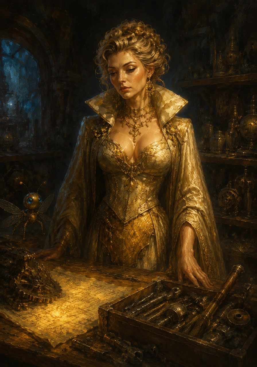 Liora sits alone in her dim, shadowy workshop, her face illuminated only by the faint glow of scattered blueprints and clockwork gears. Beside her rests her father's old, worn tools, reminding her of the vibrant warmth their home used to hold before the darkness settled over his heart.