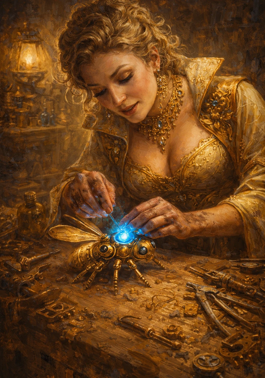 With a spark of sudden inspiration, Liora molds a delicate piece of polished brass into the shape of a tiny beetle. She carefully inserts a glowing, azure crystal into its hollow chest, bringing her creation, Pip the mechanical firefly, to vibrant life.