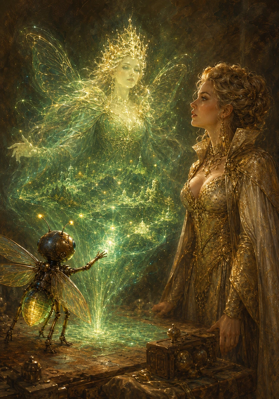 Pip flutters his translucent, clockwork wings, casting a brilliant emerald light across the dusty room as he connects to an ancient, ethereal network. A grand holographic projection of a legendary Firefly Queen ripples through the air, revealing a hidden map to the forgotten Meadow of Stars.
