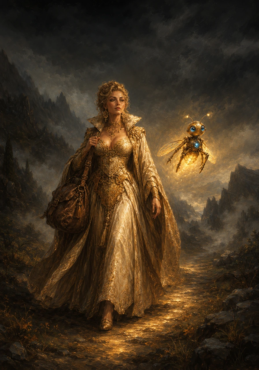 Liora packing her leather satchel and stepping out into the vast, whispering wilderness under a sky devoid of stars. Pip hovers just ahead of her like a guiding lantern, his warm light carving a safe path through the deep, encroaching mist.