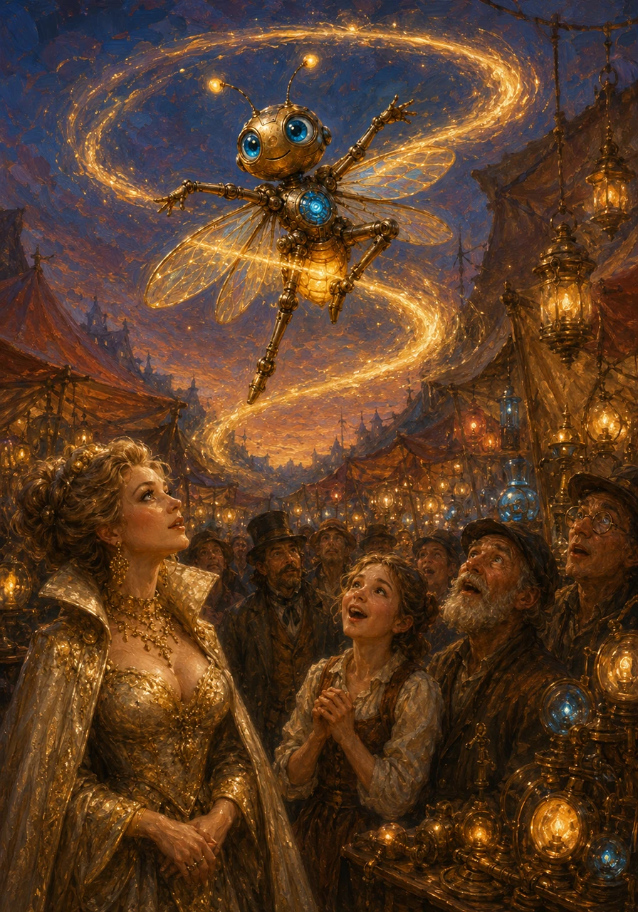 They arrive at the bustling Lantern Markets, where merchants trade strange glowing artifacts and clockwork trinkets under canvas tents. The villagers gather around in awe as Pip performs a dazzling aerial dance, weaving trails of golden light that spark joy in everyone who watches.