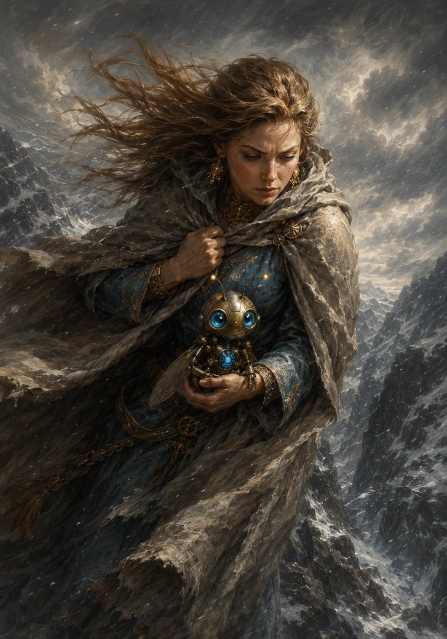 Liora and Pip brave a steep, windswept mountain pass, where the wind howls against their faces and threatens to blow them off course. Holding her cloak tight, Liora shields Pip in her hands, her determination hardening as they push forward into the unknown.