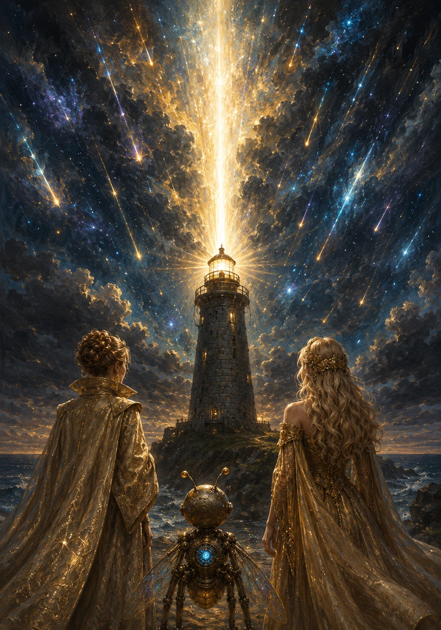 A blinding beam of pure, celestial light erupts from the lighthouse tower, piercing through the heavy clouds and scattering across the night sky. Countless fallen stars begin to rain down softly, returning home to the world in a breathtaking display of cosmic color.
