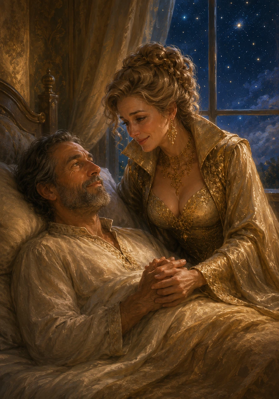 Back in the warm, softly lit bedroom, Liora's father slowly opens his eyes as the gentle starlight shines through his window, bringing a healthy color back to his face. Liora smiles through her tears, holding his hand as he looks out at the glowing sky and realizes the stars have finally returned.
