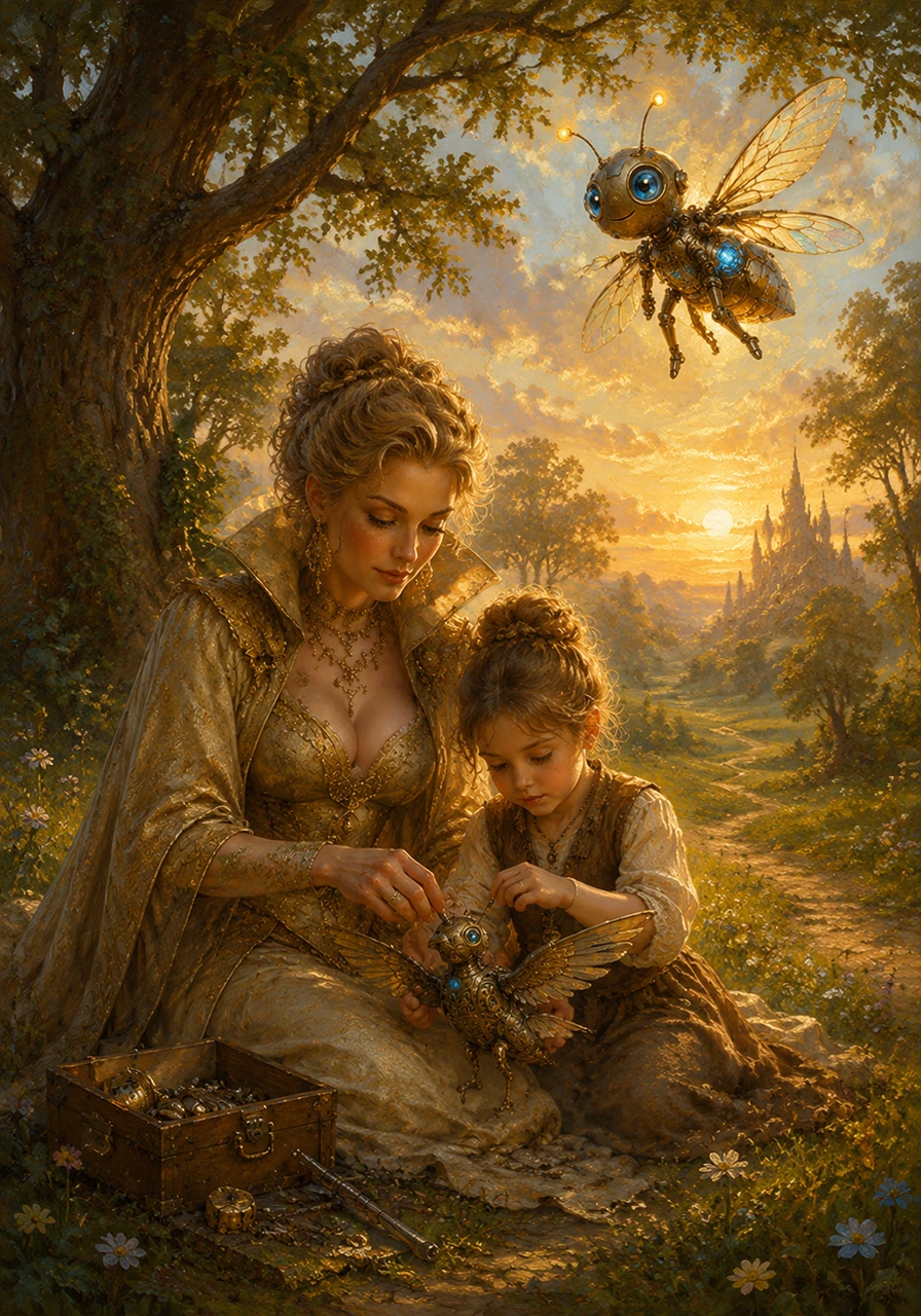 Years later, Liora sits beneath a magnificent, glowing summer tree, guiding a young child as they assemble their very first mechanical creation together. Pip circles above them in the twilight, a living reminder that a true machine is not just made of metal, but is given a purpose and a heart.