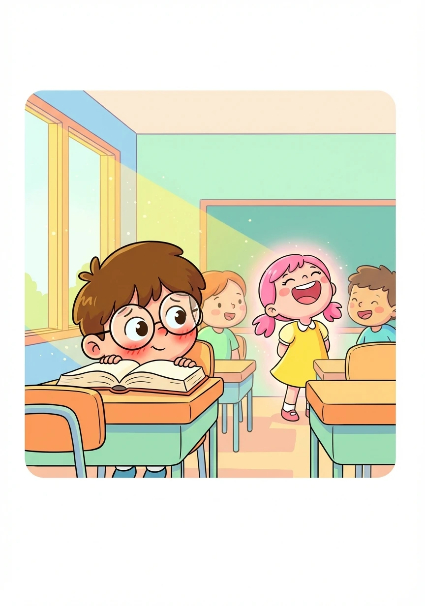 Ethan sits in class, stealing glances at Sakura, whose radiant smile brightens the room. Sunlight streams through the window, illuminating dust motes dancing in the air, as Sakura laughs with her friends.