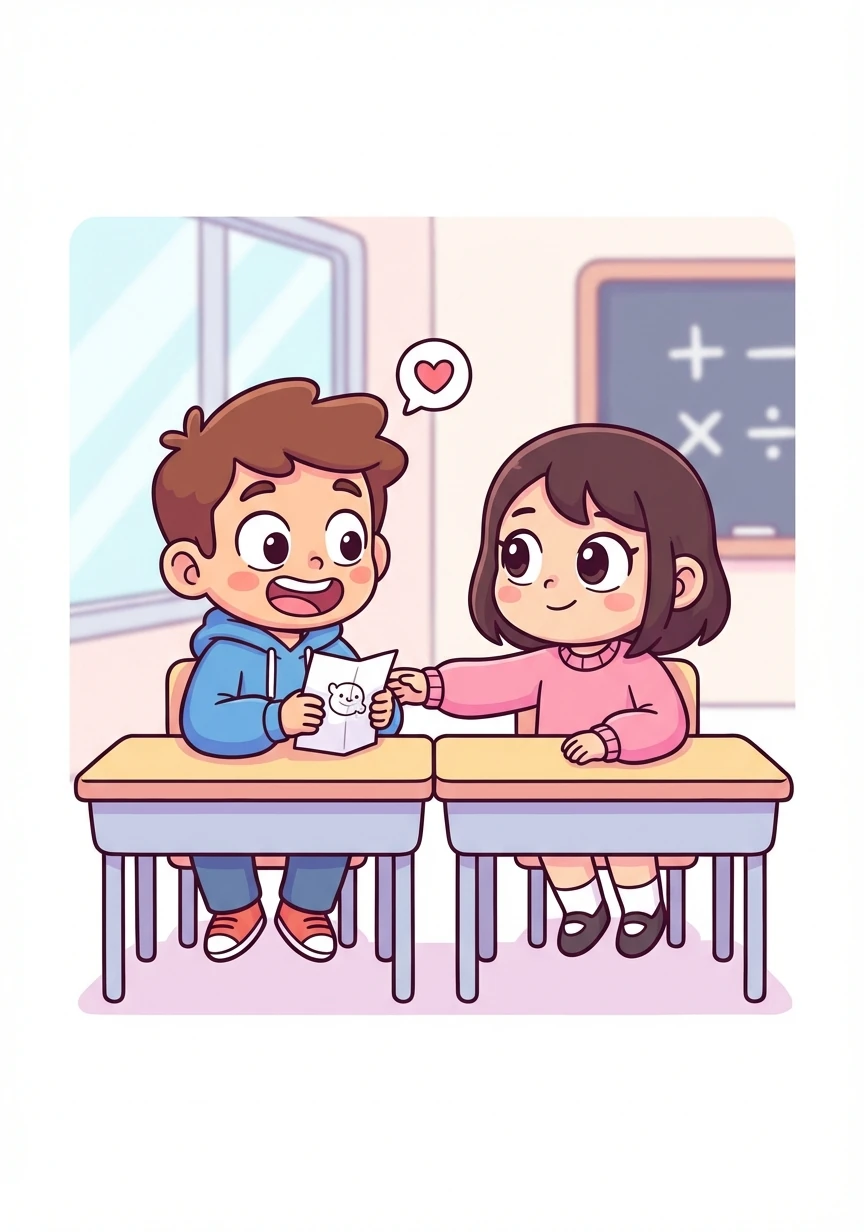 During a particularly difficult math class, Sakura quietly slips Ethan a note with a small doodle and an encouraging message. Ethan's heart leaps as he reads her words, a silent acknowledgment of their shared struggle.