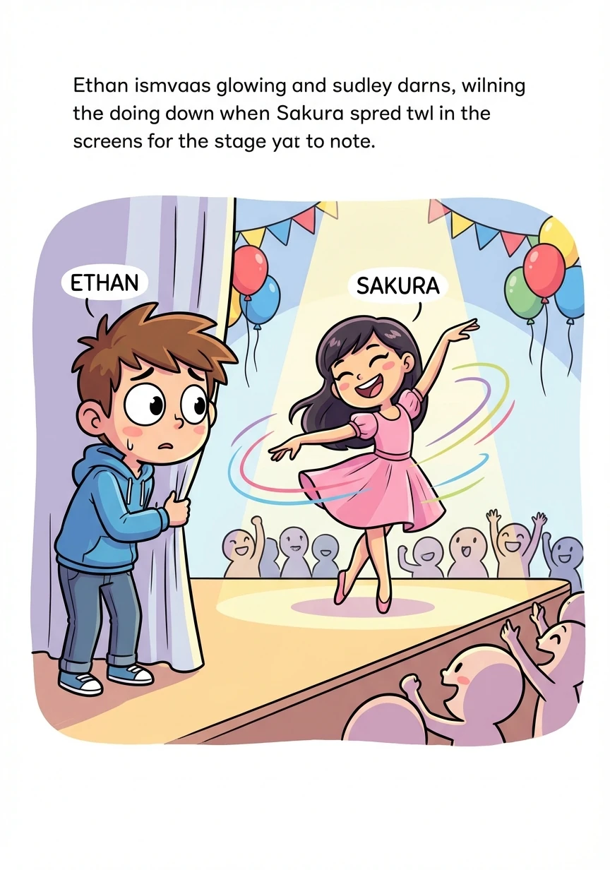 At the school festival, Ethan nervously watches Sakura participate in the dance performance. Her movements are graceful and full of life, captivating the entire audience.