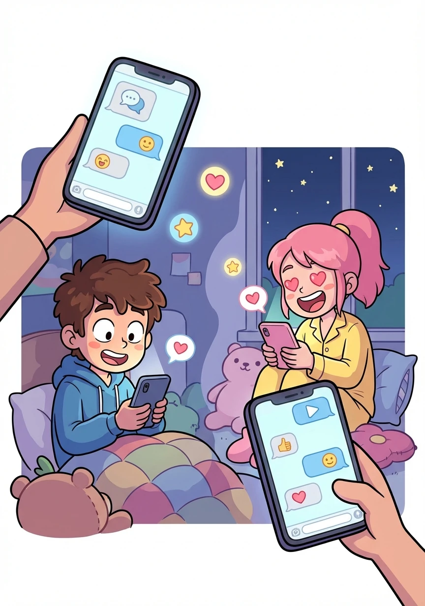 Late one night, Ethan and Sakura exchange messages, sharing their dreams and fears under the cloak of anonymity. Their words weave a tapestry of understanding and growing affection.