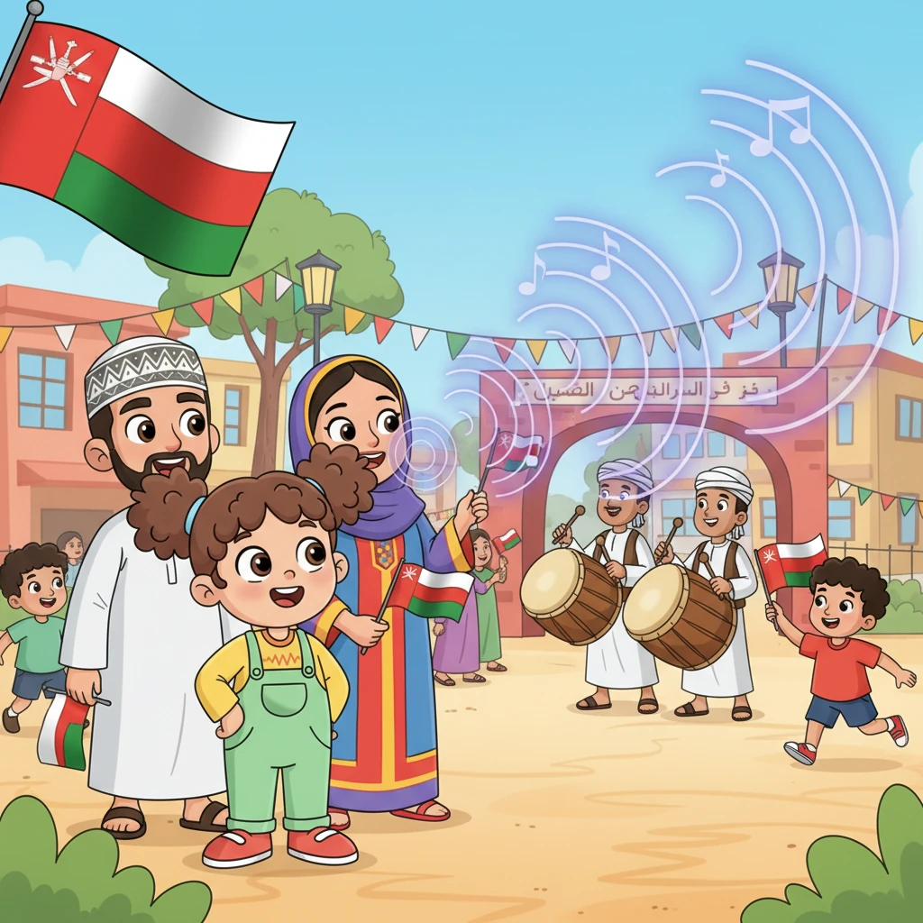 A vibrant schoolyard bustles with children and families, all adorned in cheerful colors and Omani flags for National Day. Little Maryam, with her bright, curious eyes, stands close to her parents, eagerly watching the festive preparations. In the distance, the rhythmic 'DUM-DUM-DUM' of Omani drums echoes, making her tilt her head in wonder. She can hear the music clearly, even though the drummers seem so far away.