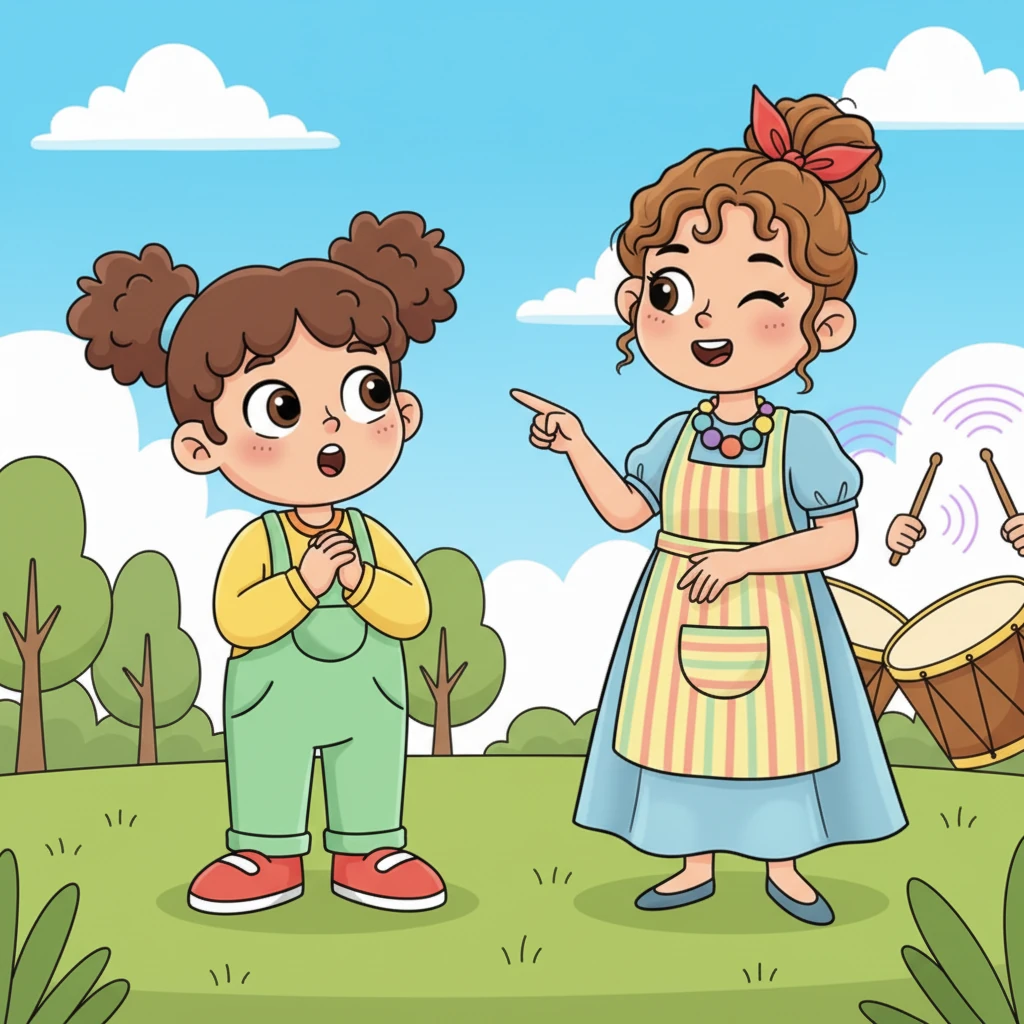 Maryam, her face alight with curiosity, turns to her kind teacher, Ms. Fatima, who has a warm, inviting smile. "Ms. Fatima," Maryam asks, her voice full of wonder, "how does the drum's sound travel all the way to us?" Ms. Fatima winks playfully and points towards the drummers, inviting Maryam to come a little closer for a special secret.