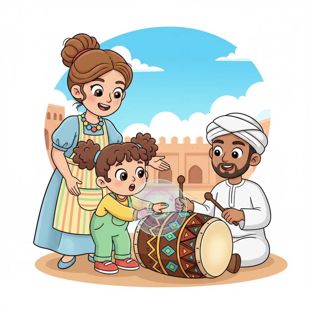 With Ms. Fatima's gentle guidance, Maryam carefully places her hand on the taut skin of a large, beautifully decorated Omani drum. As a traditionally dressed drummer gently taps the drum, Maryam's eyes widen as she feels a tiny, ticklish tremble under her fingertips! "See, Maryam?" Ms. Fatima explains, "When we hit the drum, its skin dances and vibrates, sending little shivers of sound through the air!"