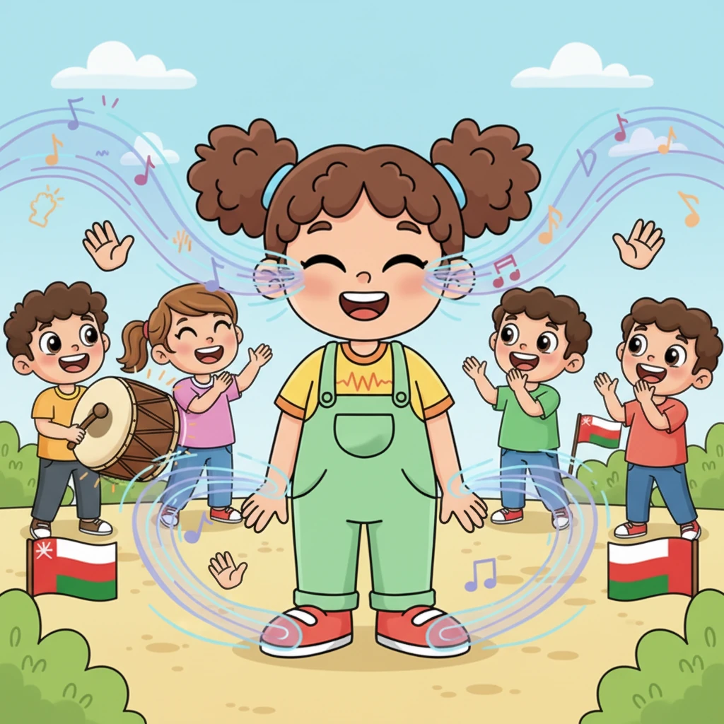 Maryam closes her eyes, a radiant smile spreading across her face as she truly understands. Around her, the air fills with a joyful symphony of Omani National Day sounds: the rousing national anthem, the enthusiastic clapping of her friends, and the deep, celebratory thrum of the drums. She imagines the vibrations as tiny, invisible messengers, carrying the joy of her homeland right to her ears.