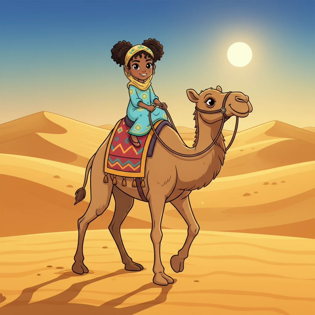 Aisha's adventure began in the vast, golden desert. She rode a camel, its gentle sway a rhythm against the sand. The sun beat down, and Aisha was amazed by the endless dunes.