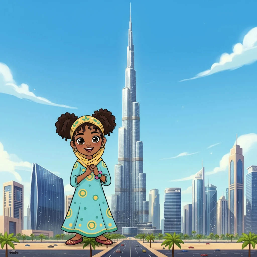 Next, Aisha visited the modern city of Dubai. She marveled at the towering Burj Khalifa, the tallest building in the world! Sparkling skyscrapers reached for the sky.