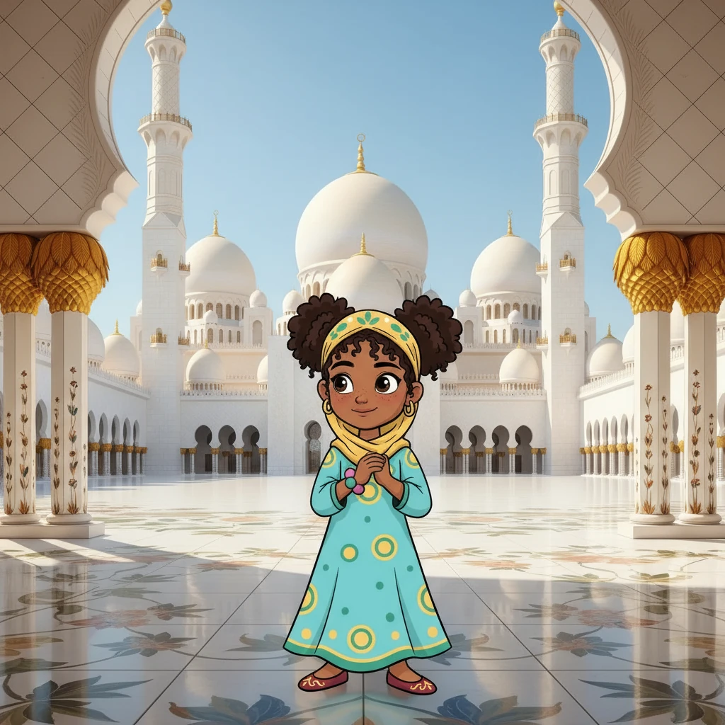 Aisha then traveled to Abu Dhabi. She explored the beautiful Sheikh Zayed Grand Mosque, with its stunning white marble and intricate designs. It was a place of peace and beauty.