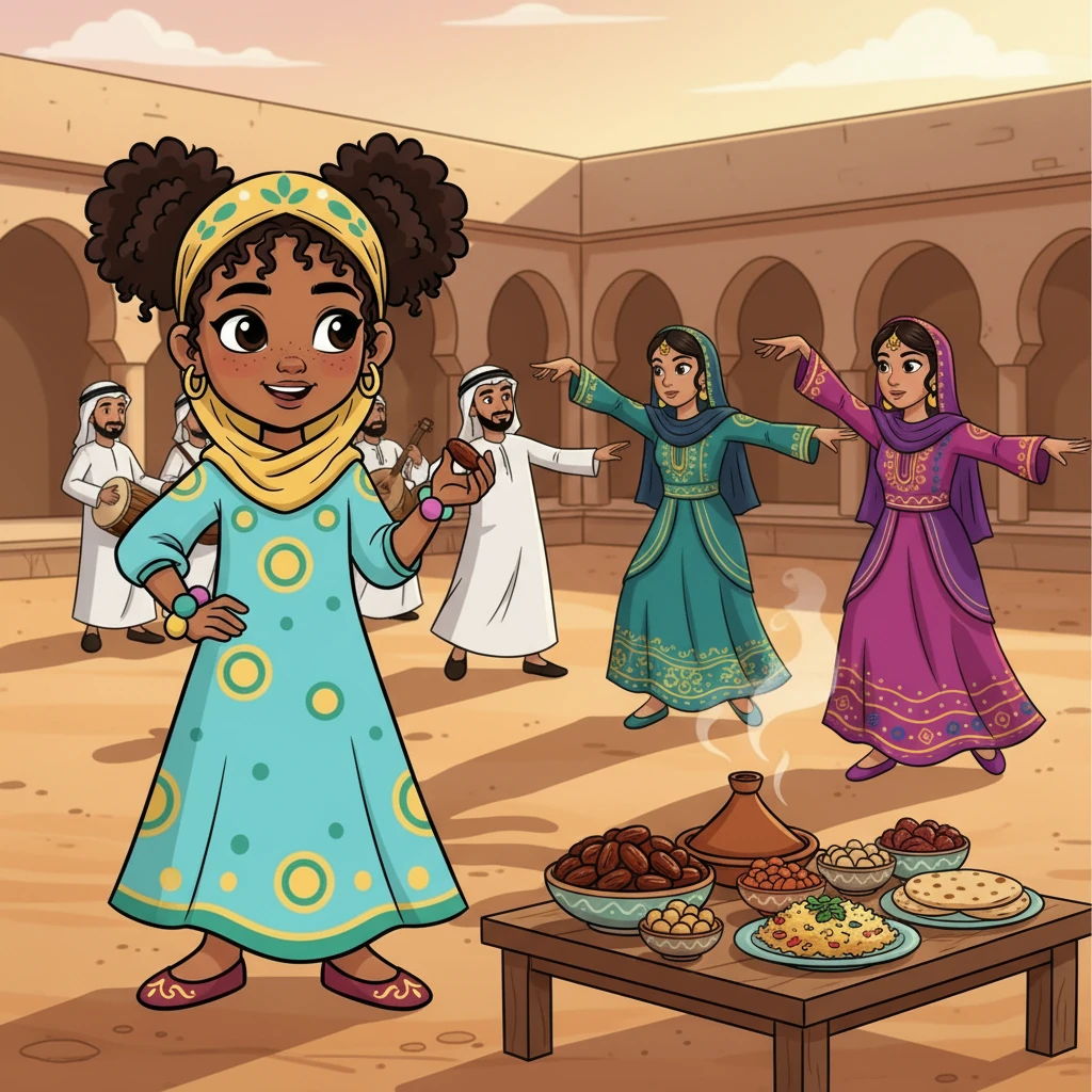 Aisha learned about Emirati traditions. She watched a traditional dance, where people wore beautiful clothes. She also enjoyed a delicious meal with dates and spices.