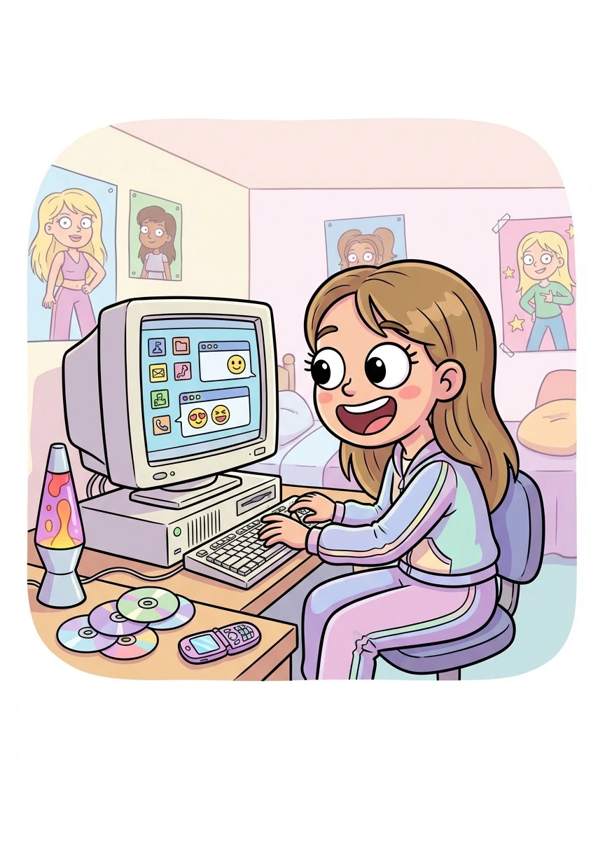 Britney, a typical Y2K teen, is glued to her computer, browsing her favorite websites and chatting with friends online. Her room is filled with posters of pop stars and the latest tech gadgets.