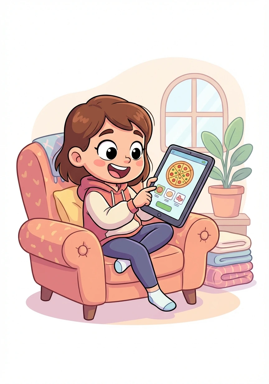 Britney orders a massive pizza online, complete with extra cheese and all her favorite toppings. She's excited to have a cozy night in.