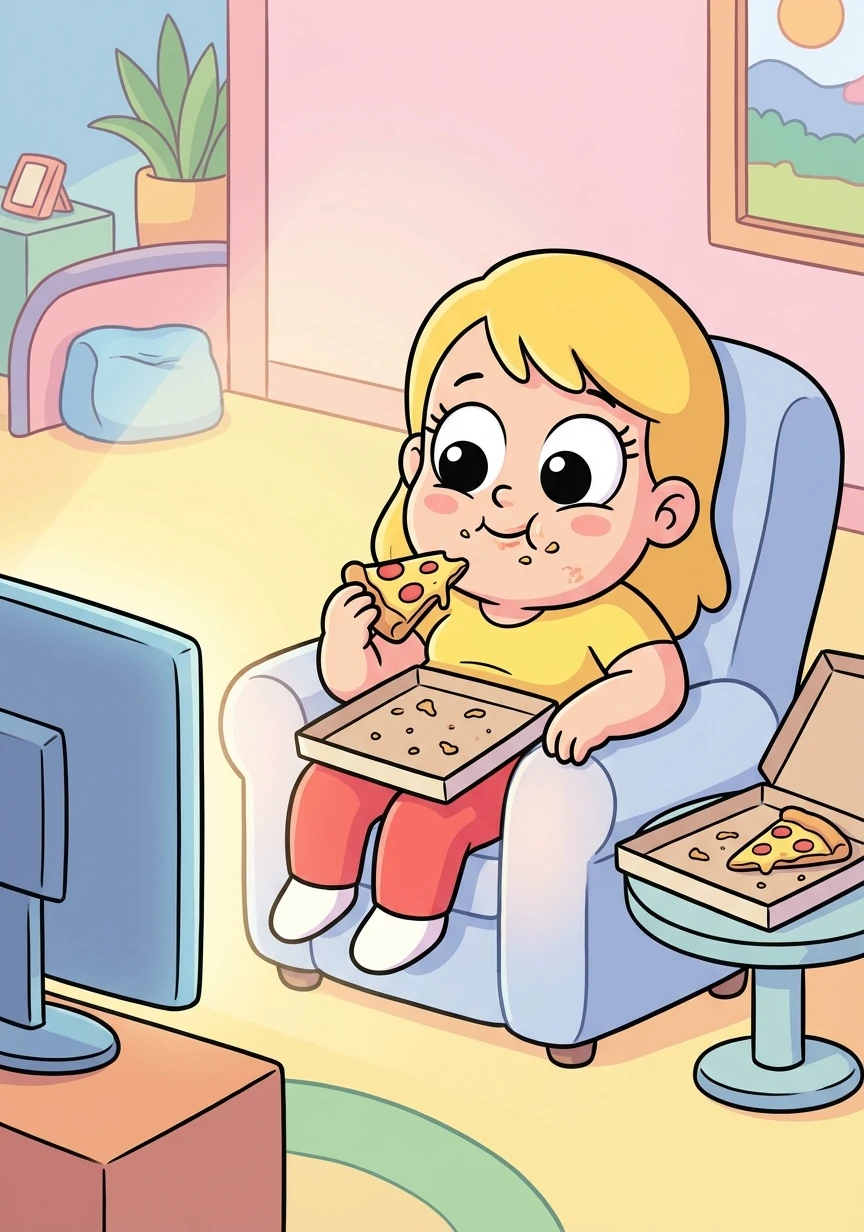 Britney devours the entire pizza while watching a movie. She feels incredibly full and content as she sinks into her couch.
