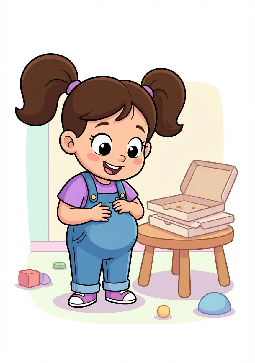 Britney looks down at her belly, now noticeably rounder after the pizza feast. She giggles, thinking it looks kind of cute.