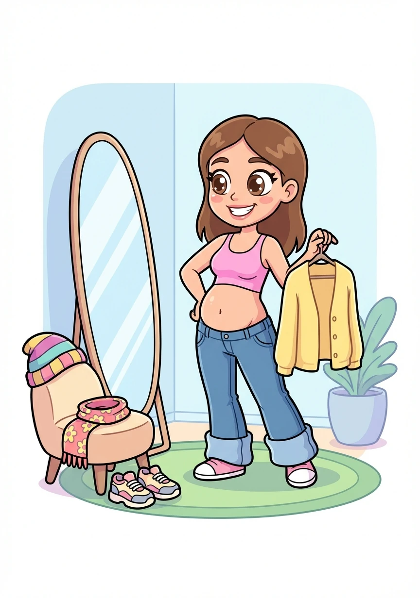 Britney starts experimenting with her style, wearing crop tops and low-rise jeans that accentuate her belly. She feels confident and stylish.