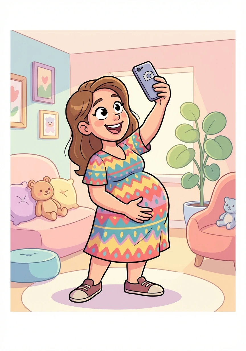 Britney takes a selfie, showcasing her round belly with a playful pose. She posts it online, embracing her new look.