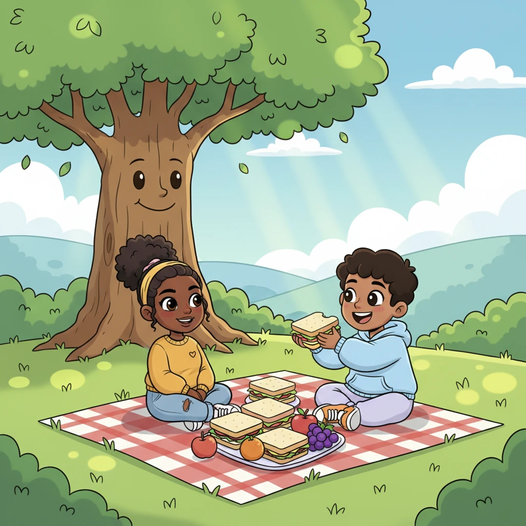 Maya and Leo began their day with a delightful picnic under a giant, smiling tree. Colorful sandwiches and juicy fruits were spread on their checkered blanket, making them giggle with happiness. Sunlight dappled through the leaves, creating playful patterns on the grass around them.