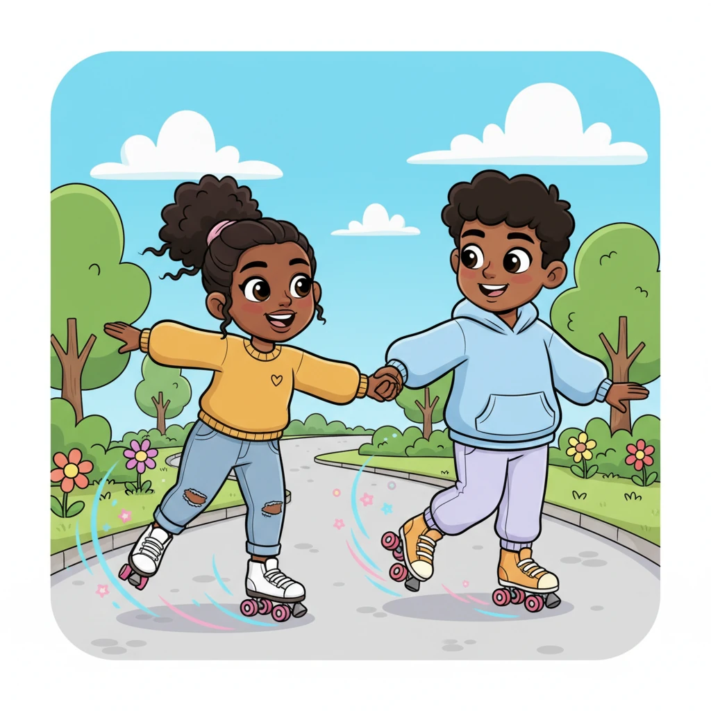 Next, they zipped off for some roller skating fun, Maya a little wobbly but full of laughter. Leo held her hand firmly, guiding her with a cheerful grin as they glided along. Their movements were dynamic and full of energy, leaving a trail of happy echoes.