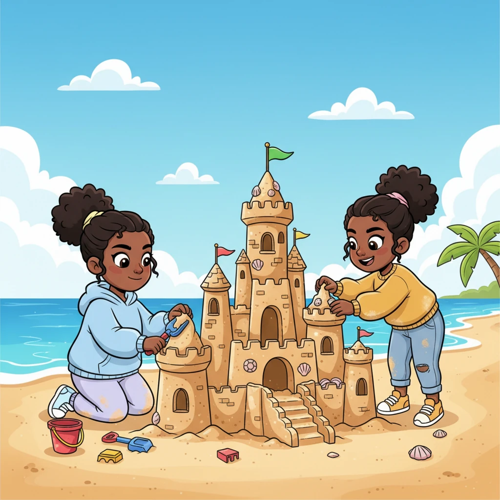 At the beach, their creativity soared as they enthusiastically built a magnificent, whimsical sandcastle. Tiny flags made from leaves and glistening shell decorations adorned their sandy masterpiece. Sand flew playfully as they worked together, eyes sparkling with determination.
