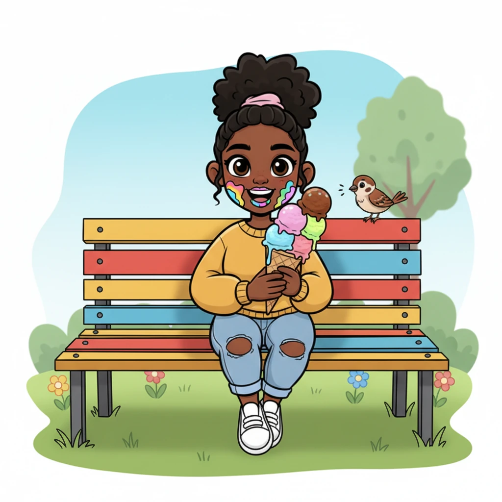 Taking a break, they sat on a bright, striped bench, sharing a gigantic, multi-scoop ice cream cone. Both had delightfully messy faces, covered in a rainbow of melted sweetness. A tiny, curious bird perched nearby, hoping for a dropped crumb.