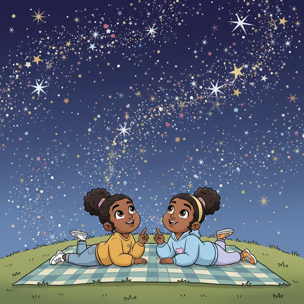 As evening fell, they lay on a soft blanket under a sky full of sparkling, exaggerated stars. Maya and Leo pointed at imaginary constellations, their faces aglow with wonder and quiet awe. The universe felt like their own personal, twinkling canvas.