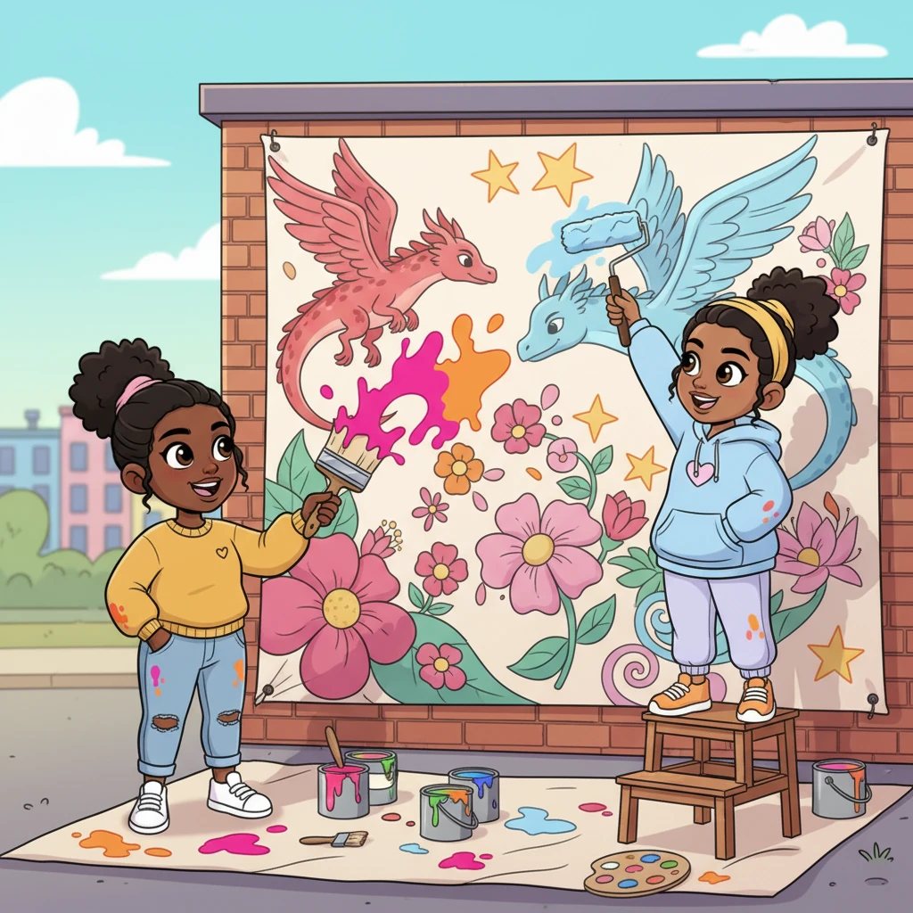 They collaborated on a vibrant, fantastical mural on a community wall, splattering bright paints with artistic zeal. A magical scene of flying creatures and blooming flowers began to emerge under their combined efforts. Each brushstroke was filled with shared passion.