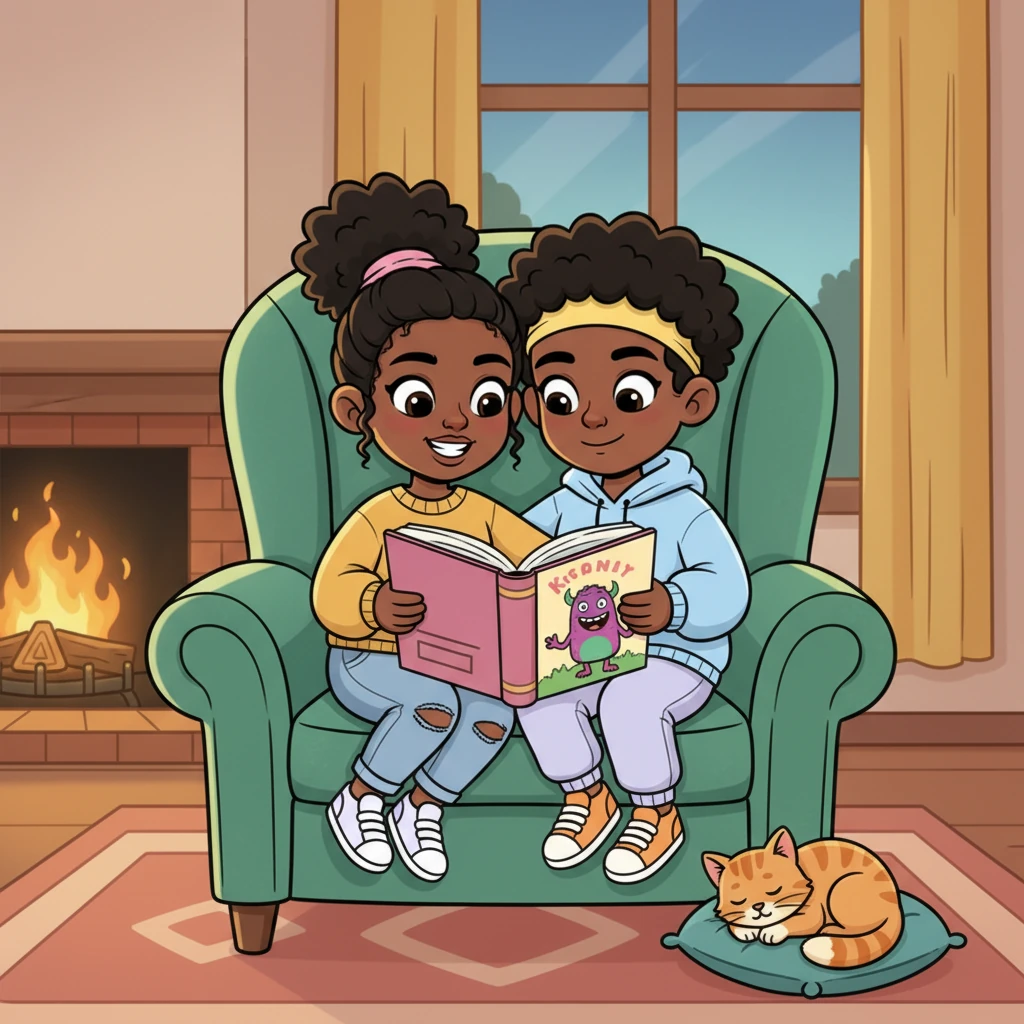 Later, they curled up on a giant, plush armchair, reading a funny book together. Their heads were close, sharing a quiet, warm moment of storytelling. A playful, sleepy cat napped soundly on a nearby cushion, adding to the cozy atmosphere.