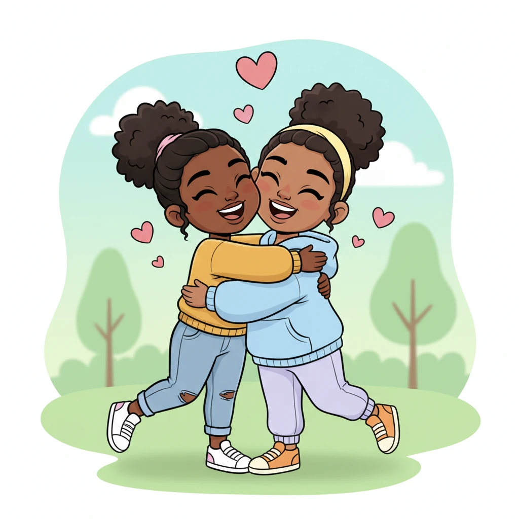 Finally, they shared a big, warm hug, their smiles wide and genuine, radiating pure affection. Little hearts floated in the air around them, illustrating their deep and wonderful bond. Every moment together was a cherished adventure.