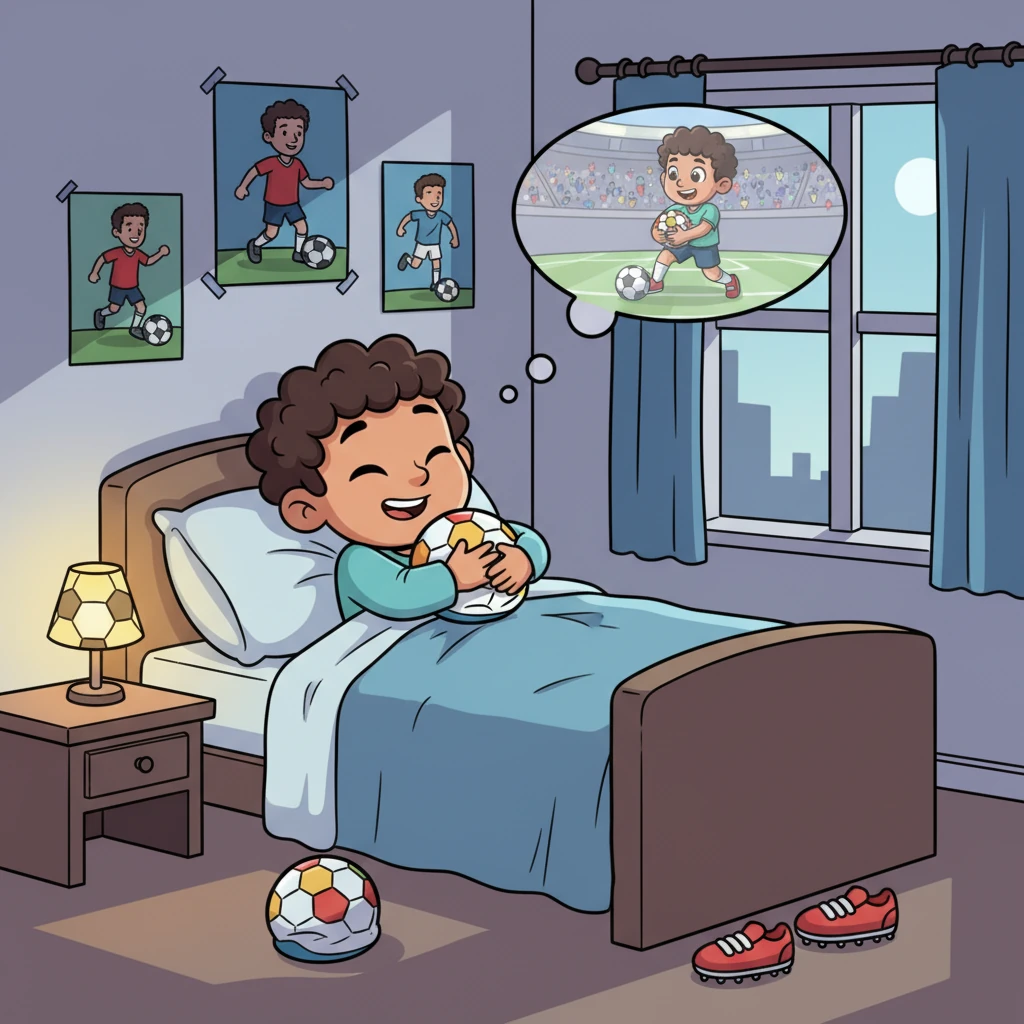 Carlitos, un niño con ojos brillantes y una sonrisa traviesa, soñaba con el fútbol día y noche. Su habitación era un campo de juego imaginario, con posters de futbolistas famosos en las paredes y un balón desinflado a los pies de su cama. Incluso dormía abrazado a su pelota favorita, imaginando goles espectaculares.