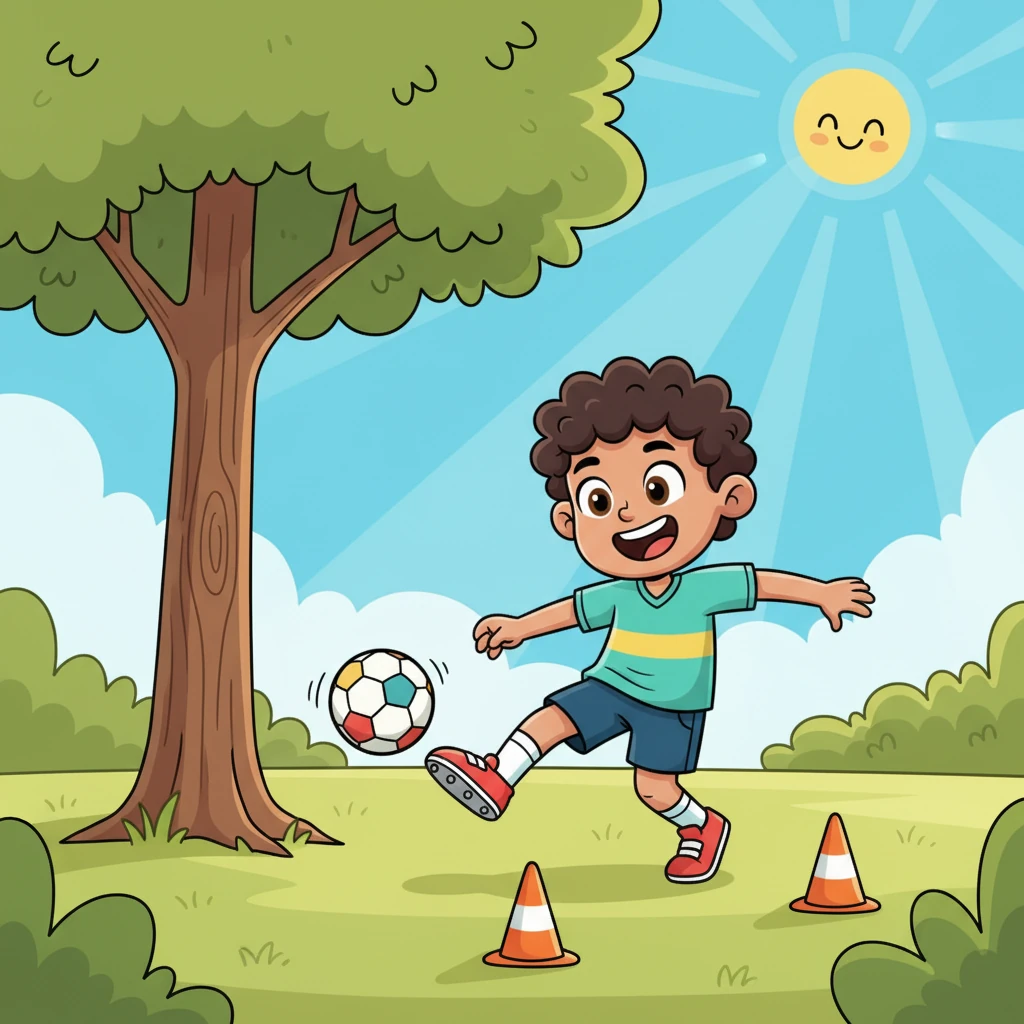 Cada tarde, Carlitos corría al parque con su viejo balón. Sus piernas cortas se movían con agilidad, driblando conos imaginarios y lanzando tiros potentes contra un árbol que hacía de portería. El sol brillaba mientras él practicaba, su risa resonando en el aire, lleno de determinación.