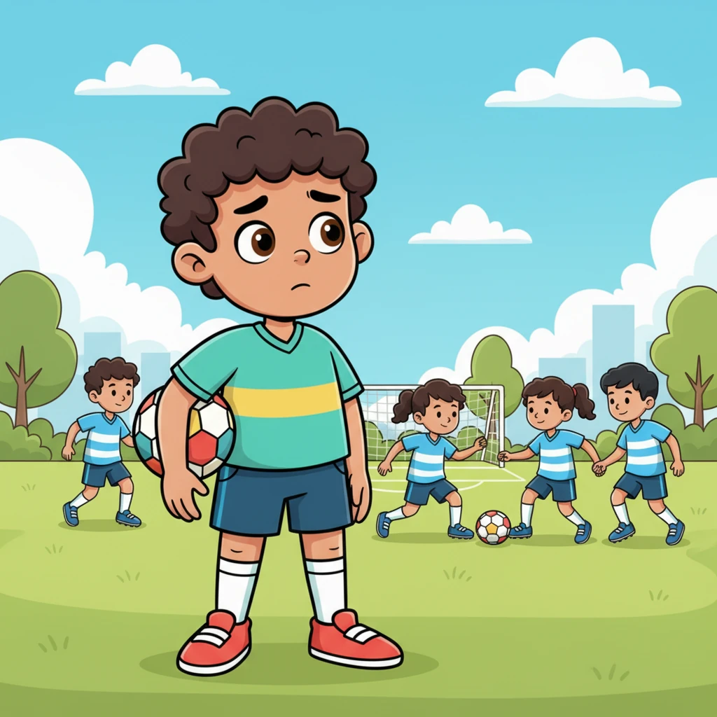 Un día, mientras practicaba, Carlitos vio a un grupo de niños mayores jugando un partido organizado en otra parte del parque. Llevaban uniformes relucientes y se pasaban el balón con gran destreza, como verdaderos profesionales. Carlitos se detuvo, un poco melancólico, deseando poder ser parte de un equipo así.