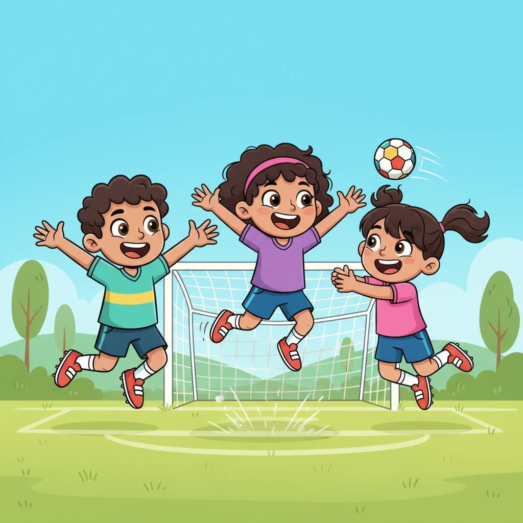 El partido fue una explosión de energía y diversión. Carlitos pasó el balón a Sofía, quien lo dribló con gracia antes de dárselo a Lucía. Con un potente disparo, Lucía marcó un gol increíble que hizo vibrar el aire. Todos saltaron de alegría, abrazándose y celebrando su maravilloso trabajo en equipo.