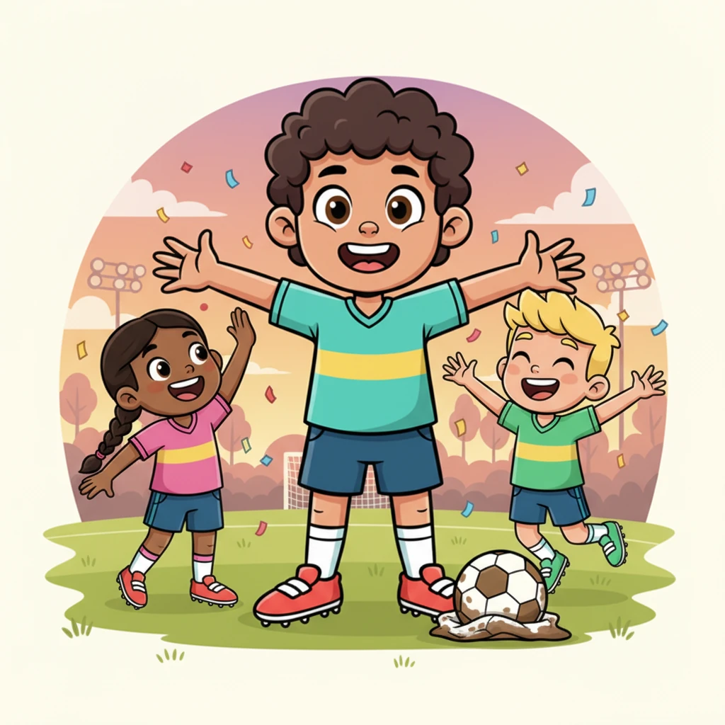 Al final del partido, aunque no ganaron, Carlitos y sus amigos se sentían como campeones. Habían jugado con el corazón y se habían divertido muchísimo, lo cual era lo más importante. Carlitos miró a sus amigos, dándose cuenta de que el fútbol era mucho más divertido cuando se compartía con quienes quieres.