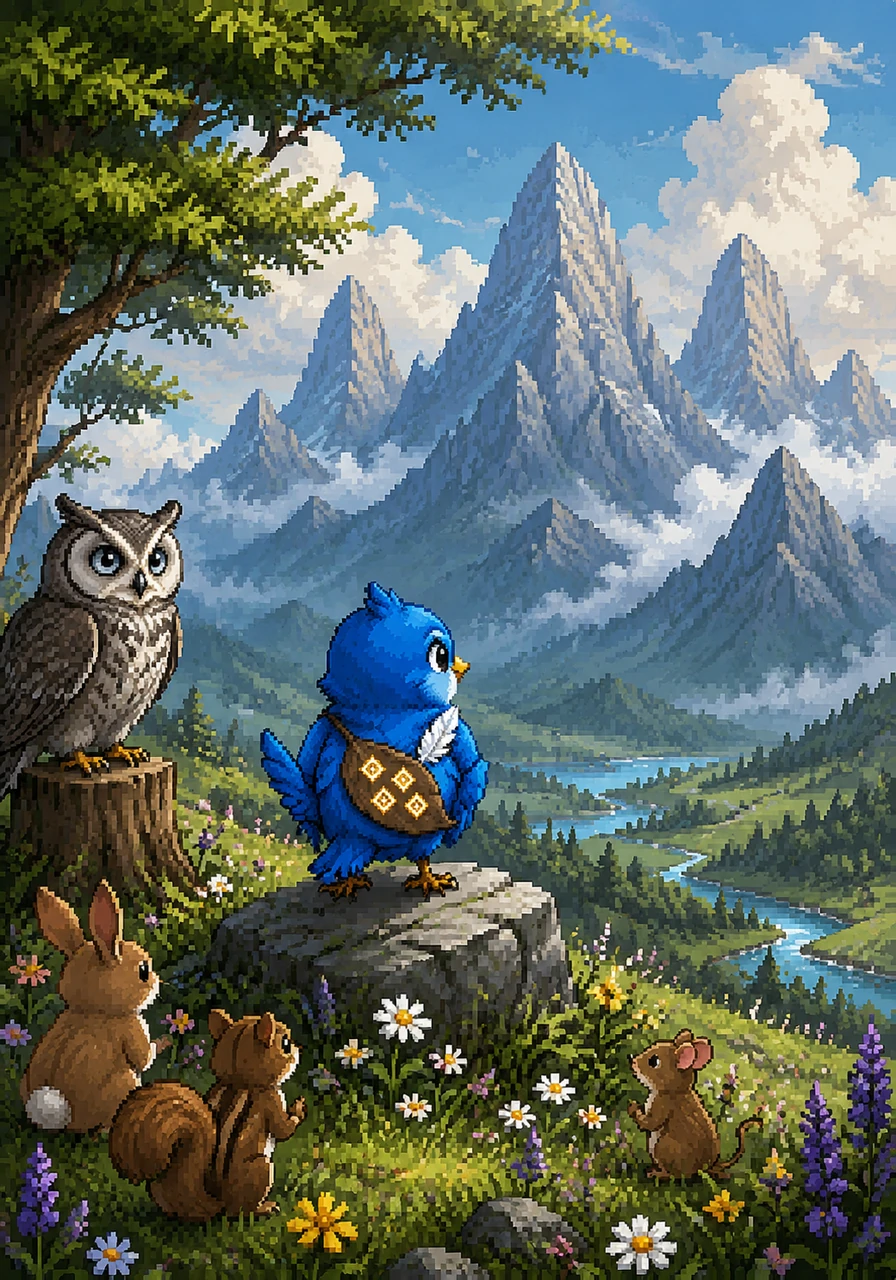 Finn is a tiny sparrow with bright blue feathers who spends his days gazing at the four towering mountains on the horizon. While his friends are content staying in the safety of the meadow, Finn feels a strange pull toward the unknown peaks in the distance.
