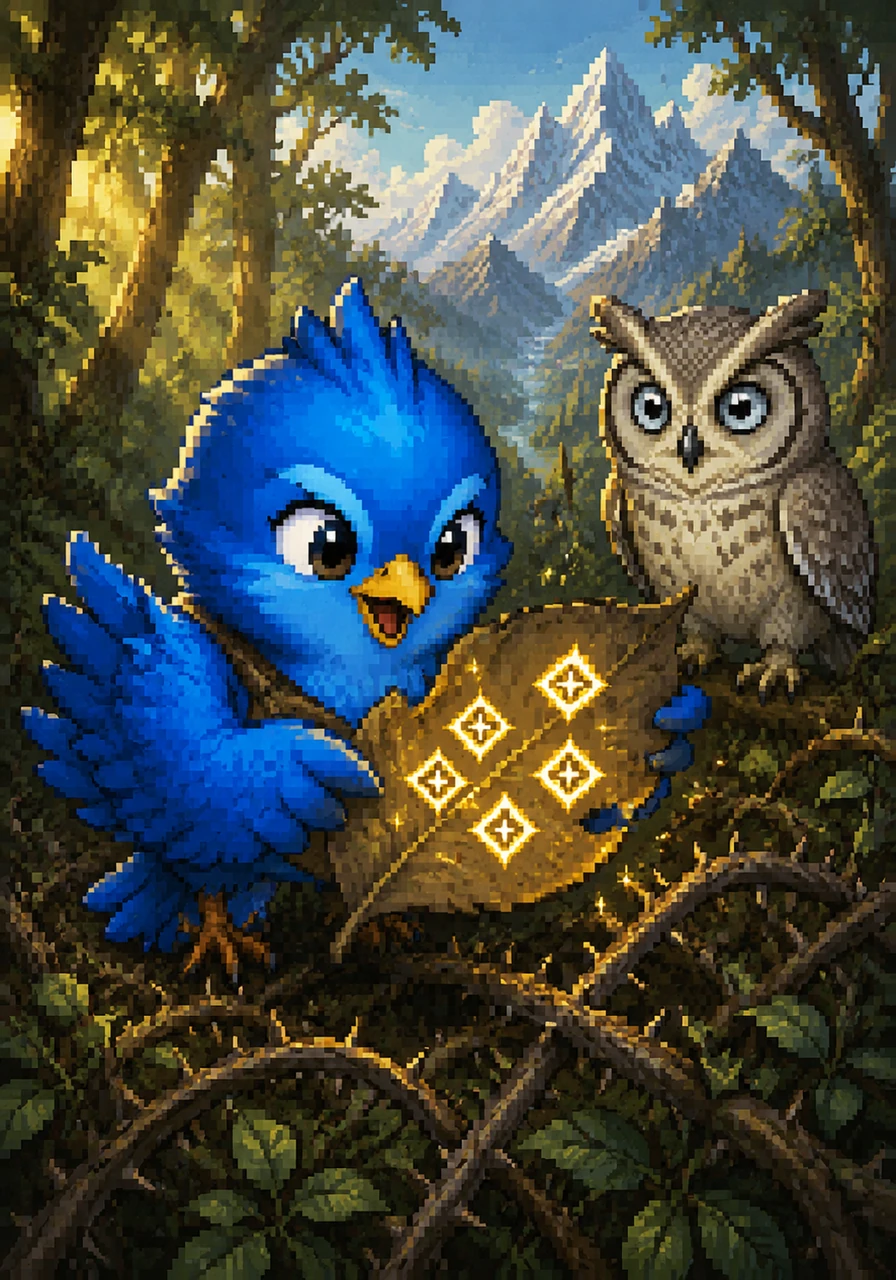 One afternoon, he discovers an old, weathered leaf caught in the brambles, marked with four shimmering golden symbols. He realizes it is a map leading to the heart of the great peaks, and his heart races with the thrill of a potential adventure.